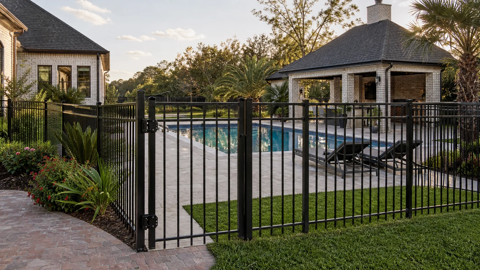 Black aluminum pool fence with a self-closing gate at a Baton Rouge area home