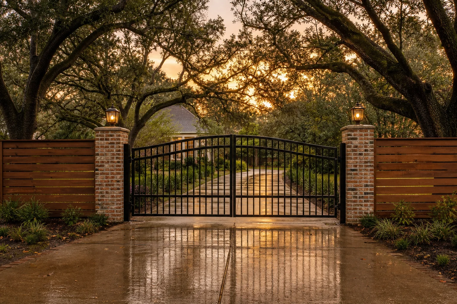 Custom black driveway gate with cedar fence panels in Baton Rouge Louisiana