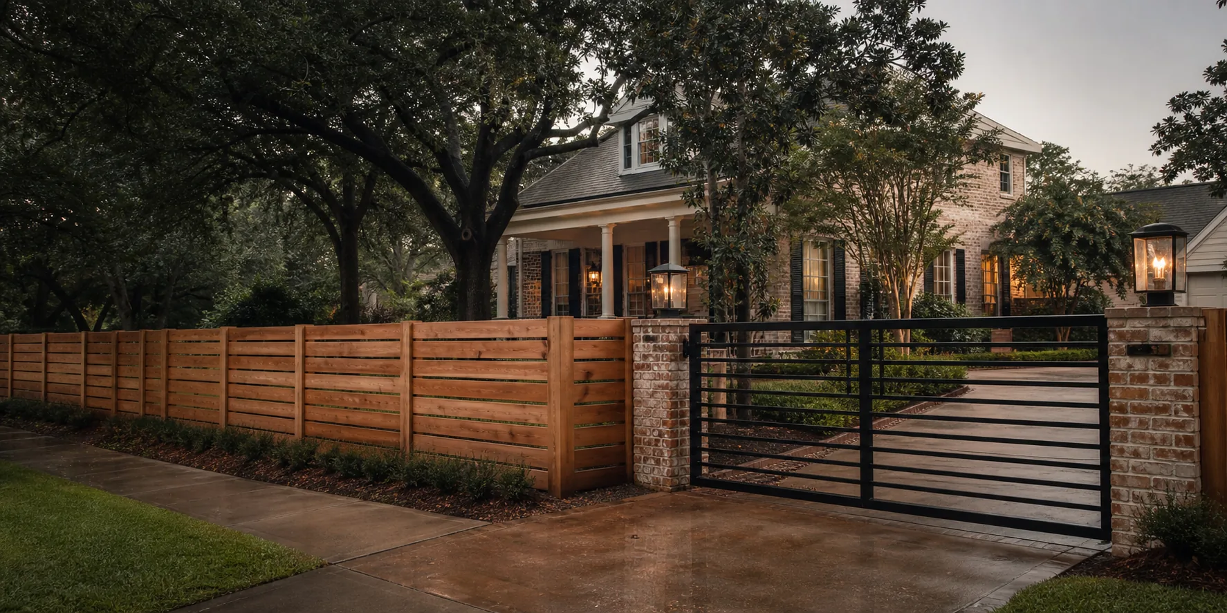 Custom cedar privacy fence and black driveway gate at a Baton Rouge home