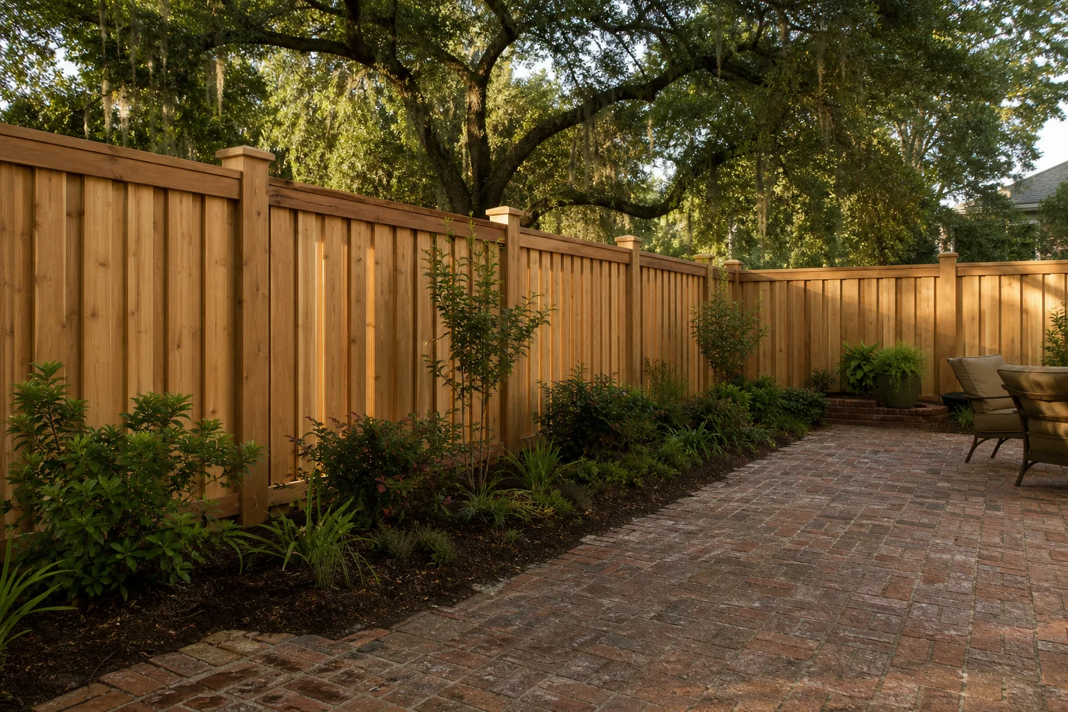 Cedar wood privacy fence surrounding a landscaped Baton Rouge backyard
